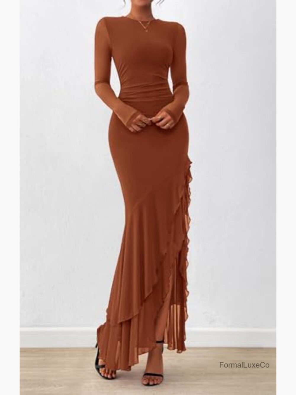 Elegant Long Sleeve Ruched Mermaid Maxi Dress Cocktail Wedding Guest - Picture 5 of 7